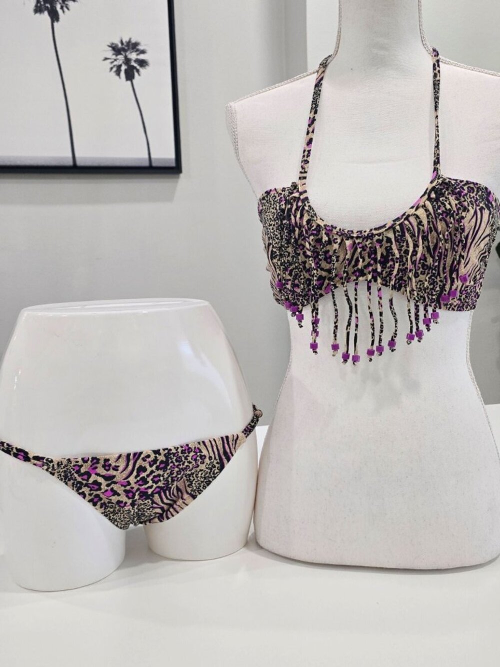 Victoria’s Secret ✦ Animal Print Fringe Halter Bikini Set ✦ Beaded Detailed Top - Picture 2 of 8